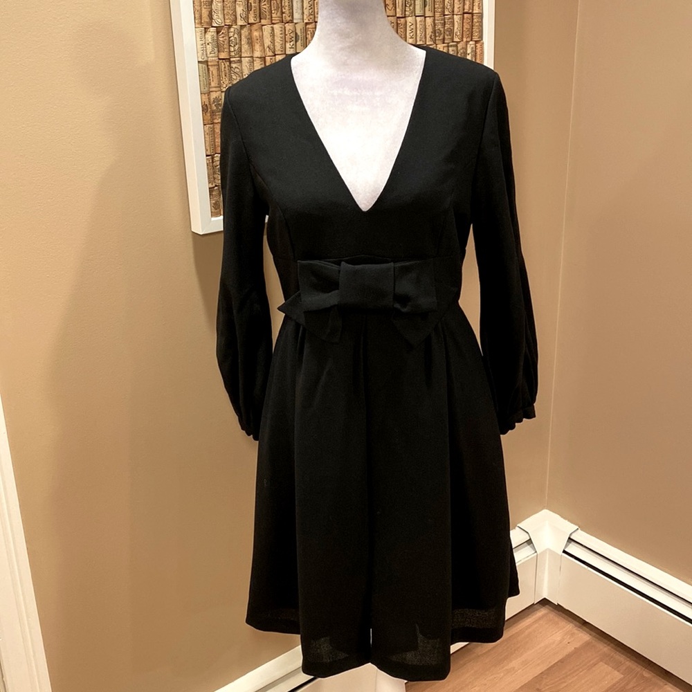 Helene Berman London Black 100% Wool Dress with Bow Belt and Poof Sleeve Ends